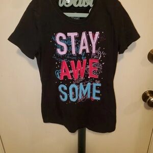 Faded Glory Black "STAY AWESOME" Graphic Tee with Pink, Red & Blue Letters